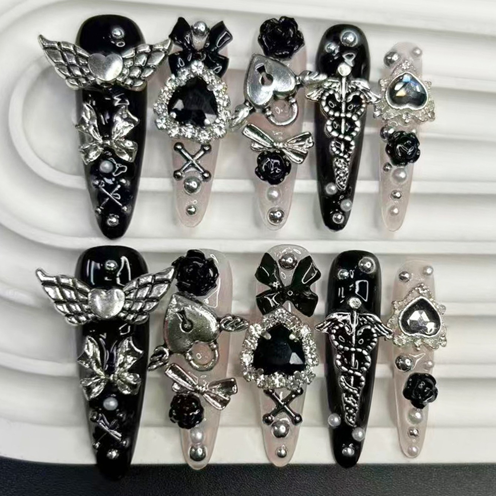 10PCS Jirai Y2K Black Pink Lon - 3D Printing Nails บทวิจารณ์และราคา