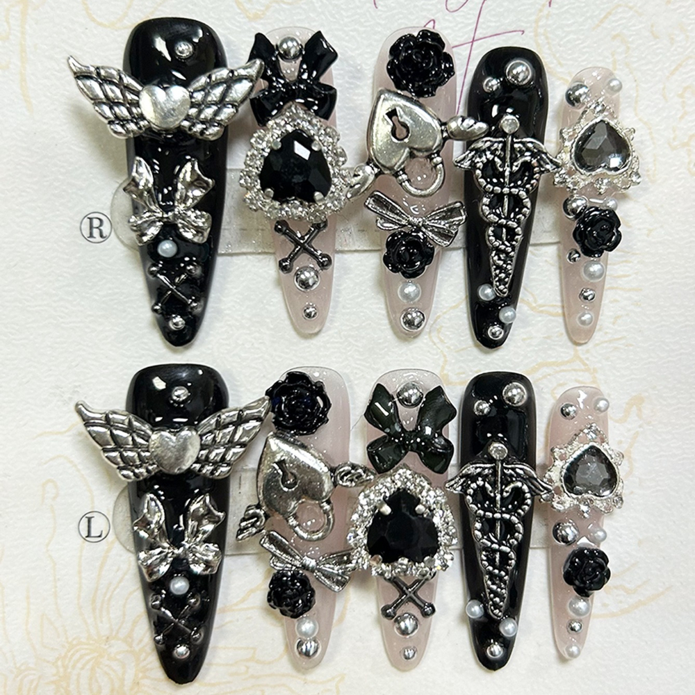 10PCS Jirai Y2K Black Pink Lon - 3D Printing Nails บทวิจารณ์และราคา