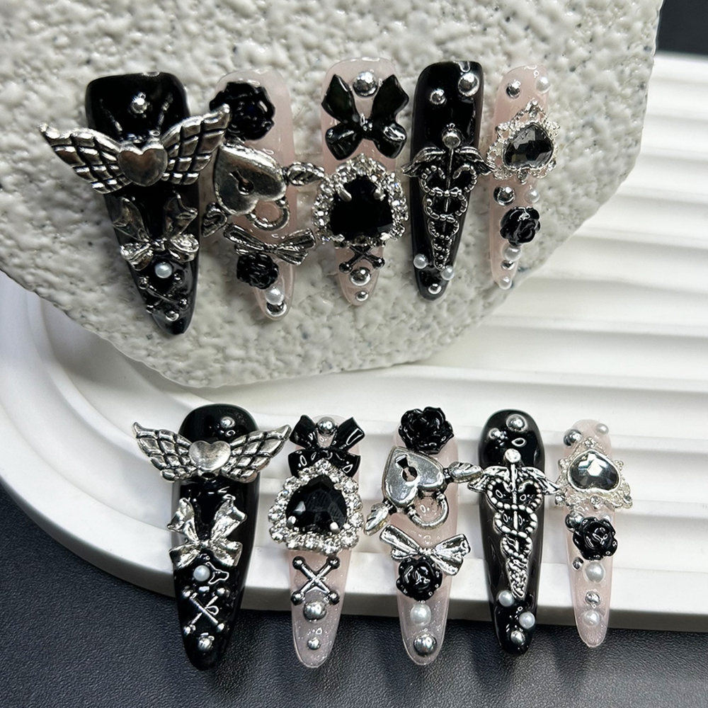 10PCS Jirai Y2K Black Pink Lon - 3D Printing Nails บทวิจารณ์และราคา
