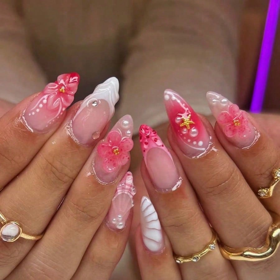 Women Pink 3D Flower Press On  - 3D Printing Nails บทวิจารณ์และราคา
