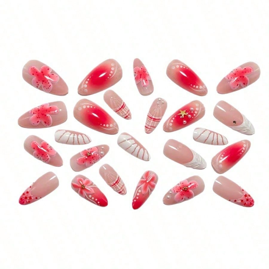 Women Pink 3D Flower Press On  - 3D Printing Nails บทวิจารณ์และราคา