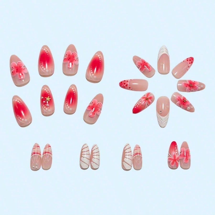 Women Pink 3D Flower Press On  - 3D Printing Nails บทวิจารณ์และราคา