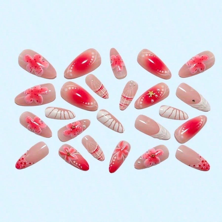 Women Pink 3D Flower Press On  - 3D Printing Nails บทวิจารณ์และราคา