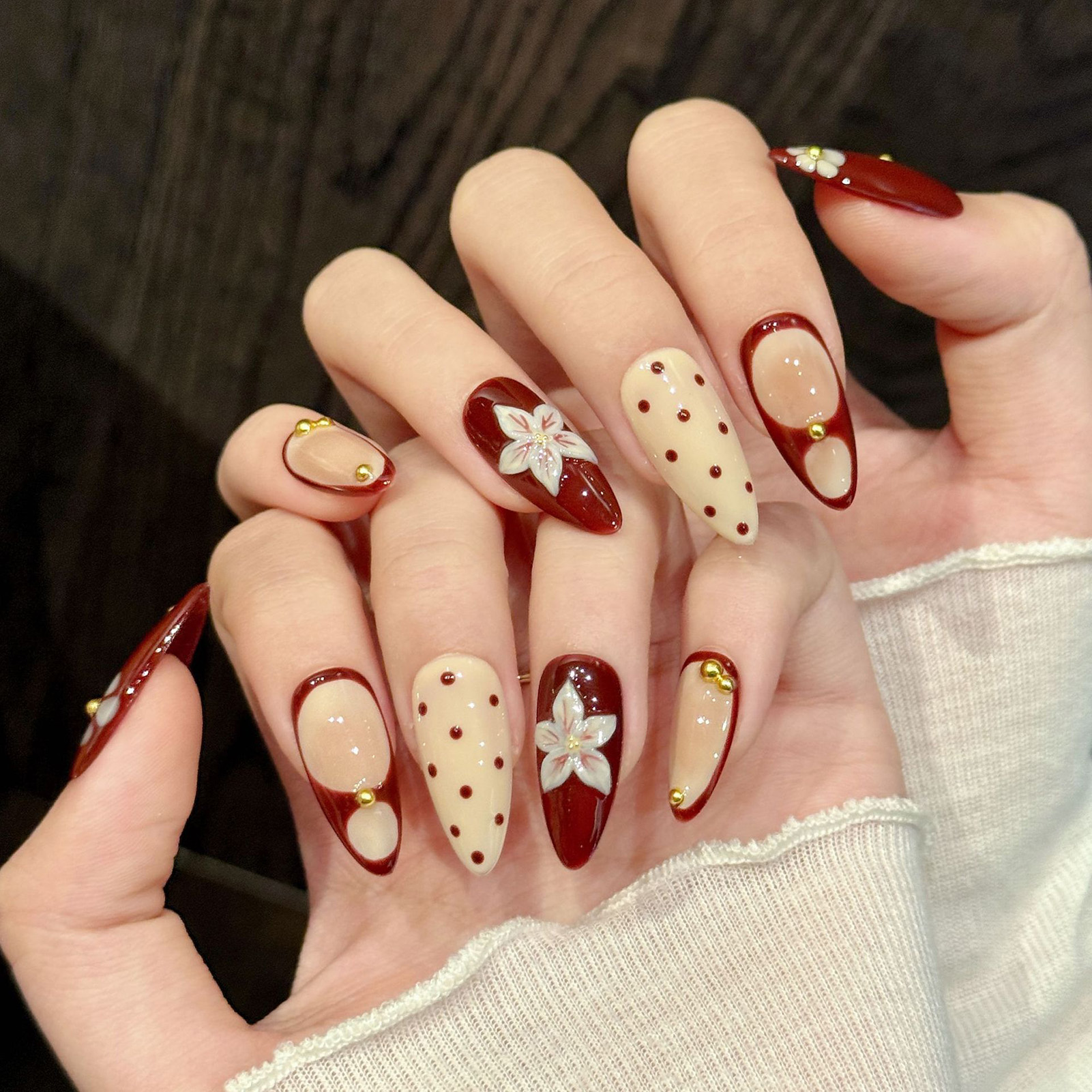 10pcs Handmade Wine Red French - 3D Printing Nails บทวิจารณ์และราคา