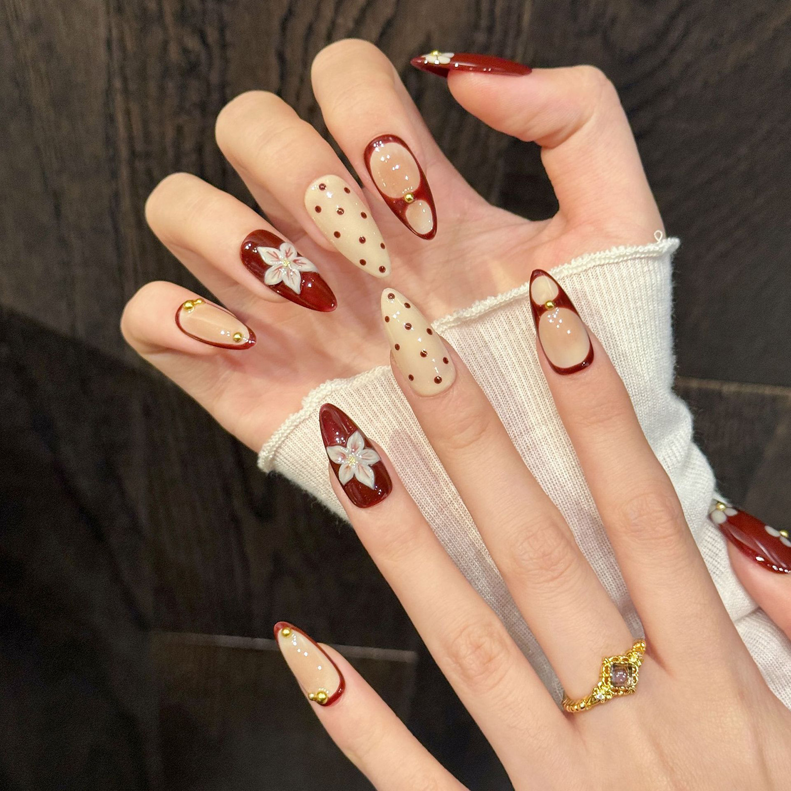 10pcs Handmade Wine Red French - 3D Printing Nails บทวิจารณ์และราคา